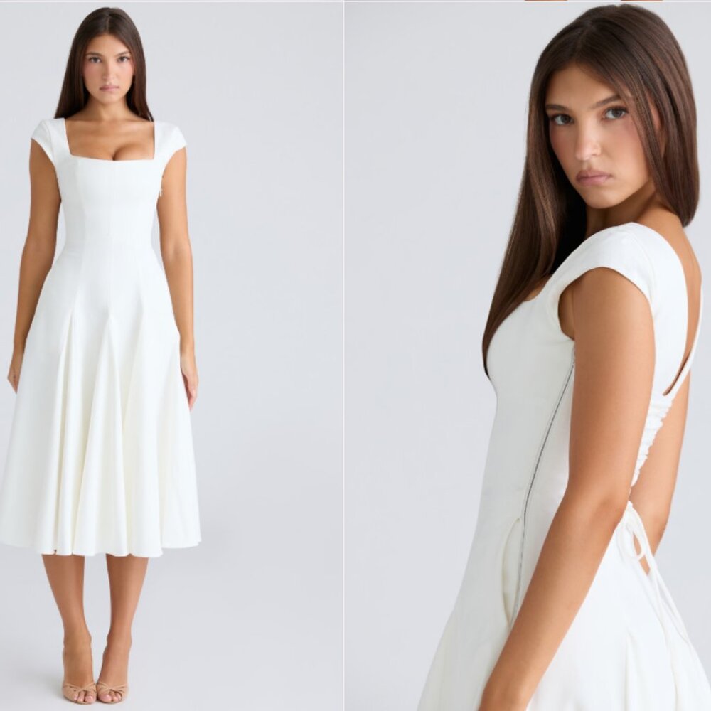 HOUSE OF CB 'Raisa' White Square Neck Twill Midi Dress NWOT - Picture 2 of 5